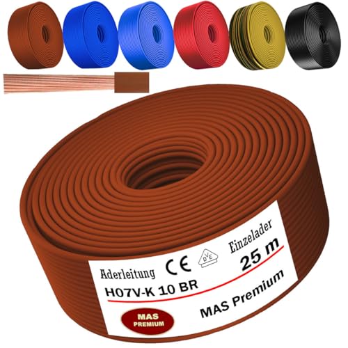 MAS Premium Von 5 bis 100m Aderleitung H07 V-K 10 mm² Schwarz, Braun, Dunkelblau, Grüngelb, Hellblau oder Rot Einzelader flexibel (Braun, 25m) von MAS Premium