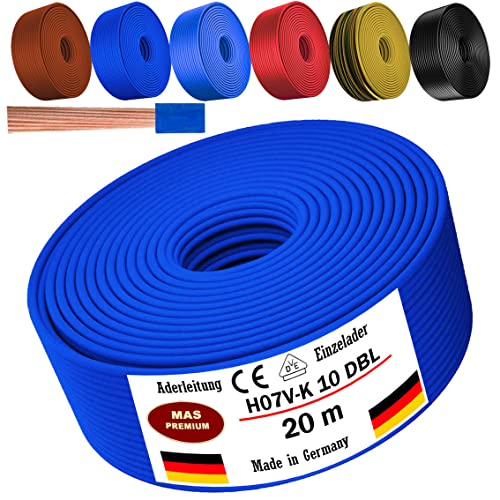 Von 5 bis 100m Aderleitung H07 V-K 10 mm² Schwarz, Braun, Dunkelblau, Grüngelb, Hellblau oder Rot Einzelader flexibel (Dunkelblau, 20m) von MAS Premium