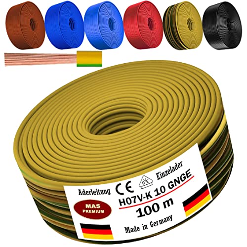 Von 5 bis 100m Aderleitung H07 V-K 10 mm² Schwarz, Braun, Dunkelblau, Grüngelb, Hellblau oder Rot Einzelader flexibel (Grüngelb, 100m) von MAS Premium