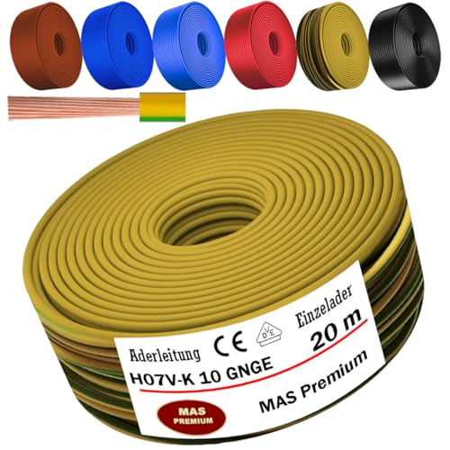 MAS Premium Von 5 bis 100m Aderleitung H07 V-K 10 mm² Schwarz, Braun, Dunkelblau, Grüngelb, Hellblau oder Rot Einzelader flexibel (Grüngelb, 20m) von MAS Premium