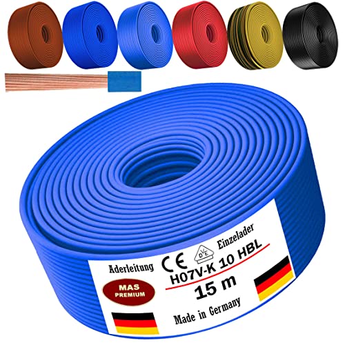 Von 5 bis 100m Aderleitung H07 V-K 10 mm² Schwarz, Braun, Dunkelblau, Grüngelb, Hellblau oder Rot Einzelader flexibel (Hellblau, 15m) von MAS Premium