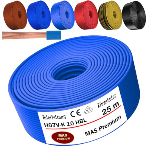 MAS Premium Von 5 bis 100m Aderleitung H07 V-K 10 mm² Schwarz, Braun, Dunkelblau, Grüngelb, Hellblau oder Rot Einzelader flexibel (Hellblau, 25m) von MAS Premium