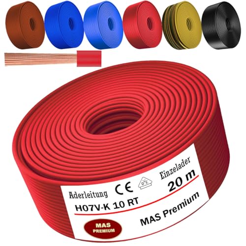 MAS Premium Von 5 bis 100m Aderleitung H07 V-K 10 mm² Schwarz, Braun, Dunkelblau, Grüngelb, Hellblau oder Rot Einzelader flexibel (Rot, 20m) von MAS Premium