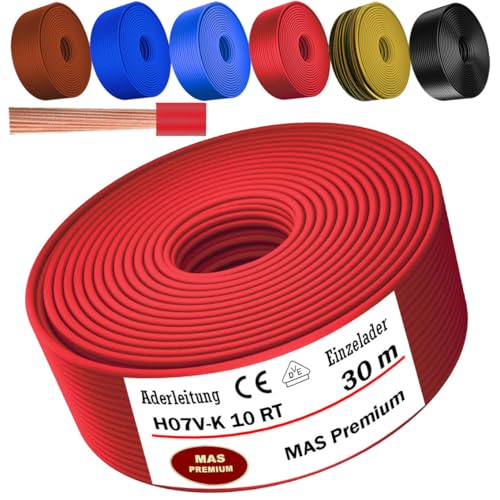 Von 5 bis 100m Aderleitung H07 V-K 10 mm² Schwarz, Braun, Dunkelblau, Grüngelb, Hellblau oder Rot Einzelader flexibel (Rot, 30m) von MAS Premium