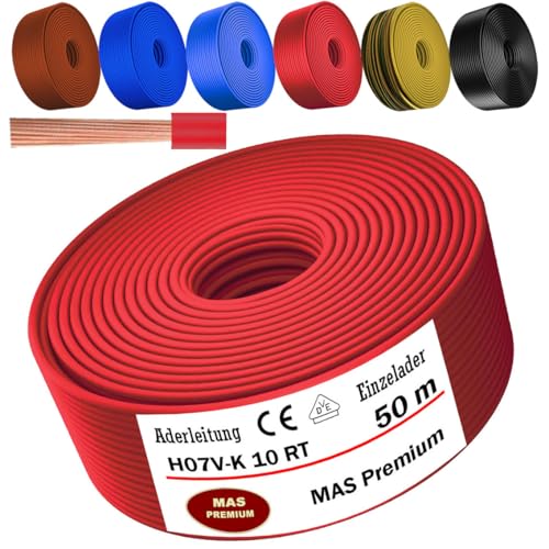 MAS Premium Von 5 bis 100m Aderleitung H07 V-K 10 mm² Schwarz, Braun, Dunkelblau, Grüngelb, Hellblau oder Rot Einzelader flexibel (Rot, 50m) von MAS Premium