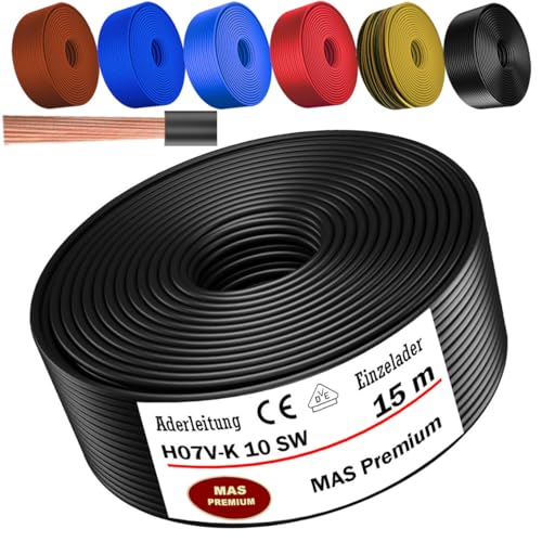 MAS Premium Von 5 bis 100m Aderleitung H07 V-K 10 mm² Schwarz, Braun, Dunkelblau, Grüngelb, Hellblau oder Rot Einzelader flexibel (Schwarz, 15m) von MAS Premium
