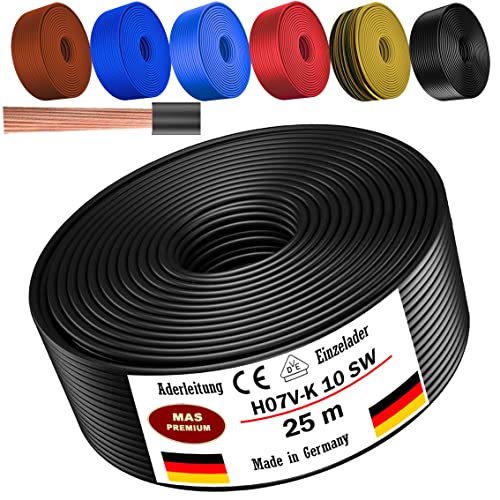 Von 5 bis 100m Aderleitung H07 V-K 10 mm² Schwarz, Braun, Dunkelblau, Grüngelb, Hellblau oder Rot Einzelader flexibel (Schwarz, 25m) von MAS Premium