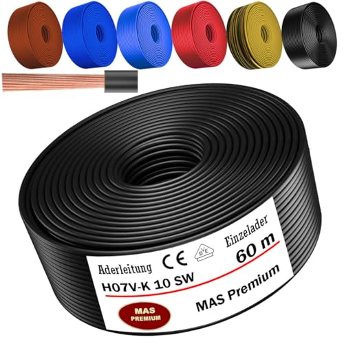 MAS Premium Von 5 bis 100m Aderleitung H07 V-K 10 mm² Schwarz, Braun, Dunkelblau, Grüngelb, Hellblau oder Rot Einzelader flexibel (Schwarz, 60m) von MAS Premium