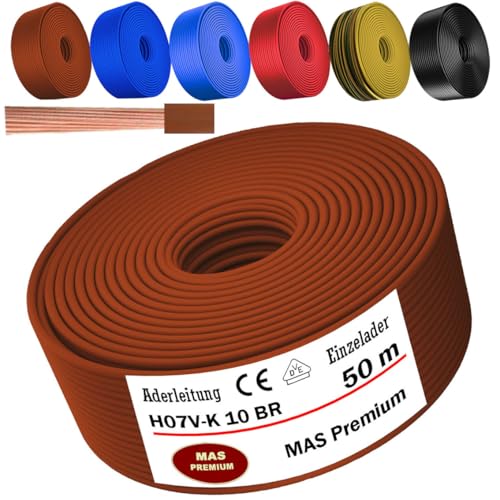 MAS Premium Von 5 bis 100m Aderleitung H07 V-K 10 mm² Schwarz, Braun, Dunkelblau, Grüngelb, Hellblau oder Rot Einzelader flexibel (Braun, 50m) von MAS Premium