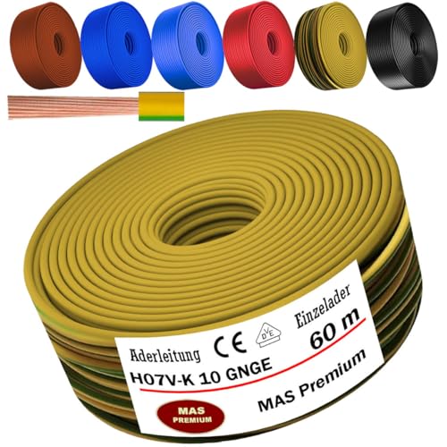MAS Premium Von 5 bis 100m Aderleitung H07 V-K 10 mm² Schwarz, Braun, Dunkelblau, Grüngelb, Hellblau oder Rot Einzelader flexibel (Grüngelb, 60m) von MAS Premium