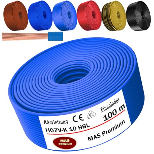 Von 5 bis 100m Aderleitung H07 V-K 10 mm² Schwarz, Braun, Dunkelblau, Grüngelb, Hellblau oder Rot Einzelader flexibel (Hellblau, 100m) von MAS Premium