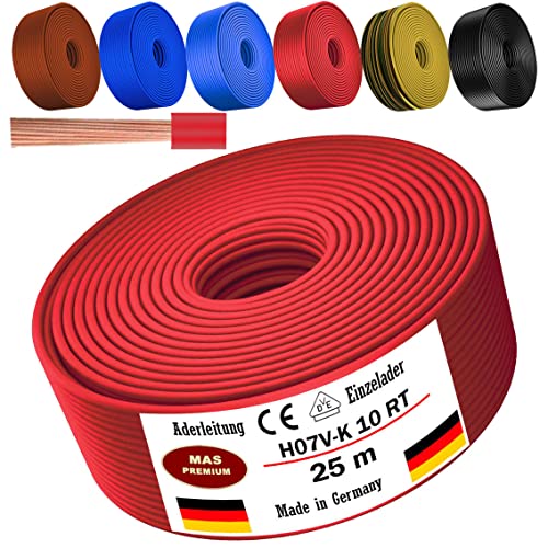 Von 5 bis 100m Aderleitung H07 V-K 10 mm² Schwarz, Braun, Dunkelblau, Grüngelb, Hellblau oder Rot Einzelader flexibel (Rot, 25m) von MAS Premium