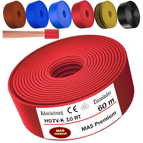 MAS Premium Von 5 bis 100m Aderleitung H07 V-K 10 mm² Schwarz, Braun, Dunkelblau, Grüngelb, Hellblau oder Rot Einzelader flexibel (Rot, 60m) von MAS Premium