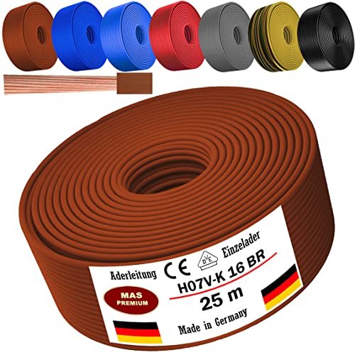 Von 5 bis 100m Aderleitung H07 V-K 16 mm² Schwarz, Braun, Dunkelblau, Grüngelb, Grau, Hellblau oder Rot Einzelader flexibel (Braun, 25m) von MAS Premium