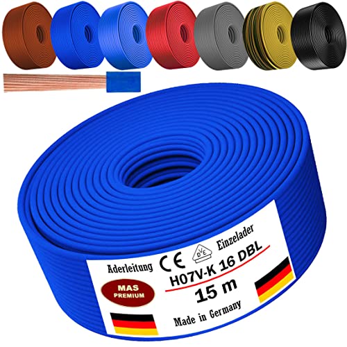 Von 5 bis 100m Aderleitung H07 V-K 16 mm² Schwarz, Braun, Dunkelblau, Grüngelb, Grau, Hellblau oder Rot Einzelader flexibel (Dunkelblau, 15m) von MAS Premium