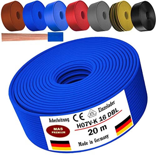 Von 5 bis 100m Aderleitung H07 V-K 16 mm² Schwarz, Braun, Dunkelblau, Grüngelb, Grau, Hellblau oder Rot Einzelader flexibel (Dunkelblau, 20m) von MAS Premium