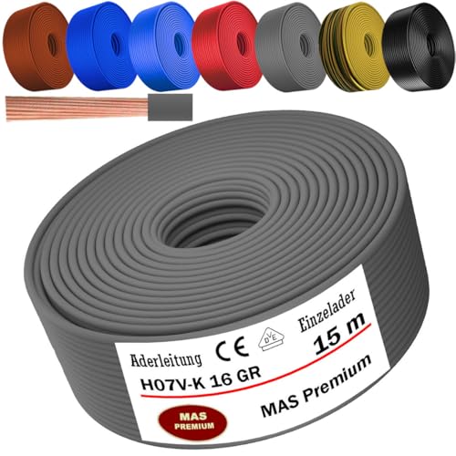 Von 5 bis 100m Aderleitung H07 V-K 16 mm² Schwarz, Braun, Dunkelblau, Grüngelb, Grau, Hellblau oder Rot Einzelader flexibel (Grau, 15m) von MAS Premium