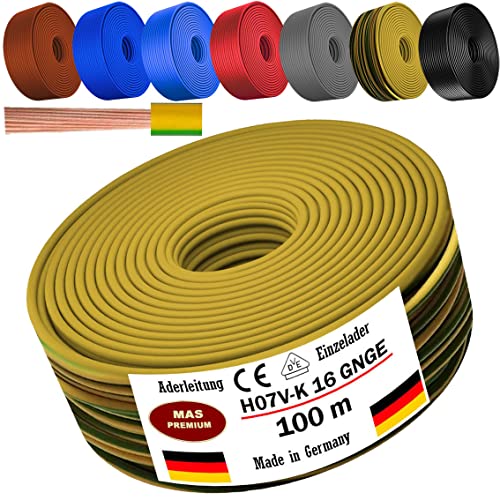 Von 5 bis 100m Aderleitung H07 V-K 16 mm² Schwarz, Braun, Dunkelblau, Grüngelb, Grau, Hellblau oder Rot Einzelader flexibel (Grüngelb, 100m) von MAS Premium