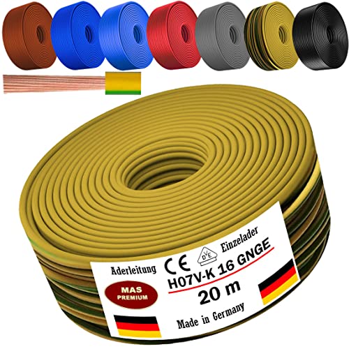 Von 5 bis 100m Aderleitung H07 V-K 16 mm² Schwarz, Braun, Dunkelblau, Grüngelb, Grau, Hellblau oder Rot Einzelader flexibel (Grüngelb, 20m) von MAS Premium