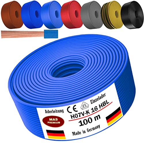 Von 5 bis 100m Aderleitung H07 V-K 16 mm² Schwarz, Braun, Dunkelblau, Grüngelb, Grau, Hellblau oder Rot Einzelader flexibel (Hellblau, 100m) von MAS Premium