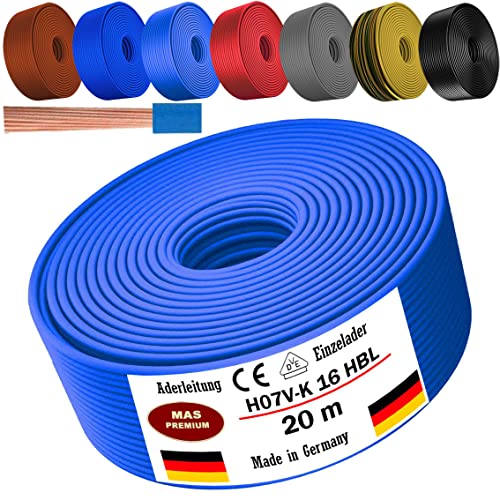 Von 5 bis 100m Aderleitung H07 V-K 16 mm² Schwarz, Braun, Dunkelblau, Grüngelb, Grau, Hellblau oder Rot Einzelader flexibel (Hellblau, 20m) von MAS Premium