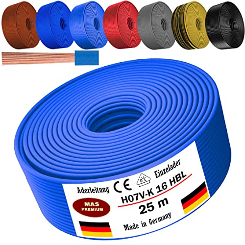 Von 5 bis 100m Aderleitung H07 V-K 16 mm² Schwarz, Braun, Dunkelblau, Grüngelb, Grau, Hellblau oder Rot Einzelader flexibel (Hellblau, 25m) von MAS Premium