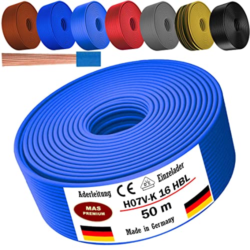 Von 5 bis 100m Aderleitung H07 V-K 16 mm² Schwarz, Braun, Dunkelblau, Grüngelb, Grau, Hellblau oder Rot Einzelader flexibel (Hellblau, 50m) von MAS Premium