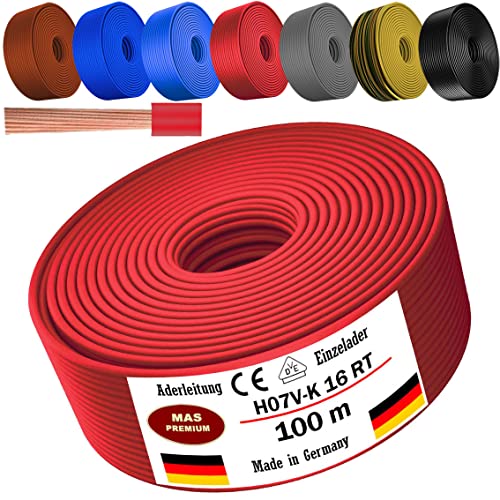 Von 5 bis 100m Aderleitung H07 V-K 16 mm² Schwarz, Braun, Dunkelblau, Grüngelb, Grau, Hellblau oder Rot Einzelader flexibel (Rot, 100m) von MAS Premium