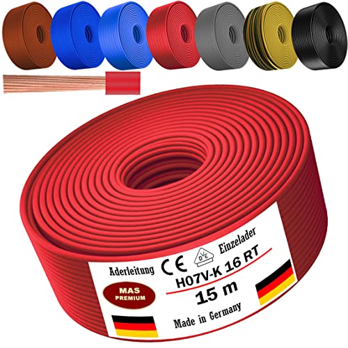 Von 5 bis 100m Aderleitung H07 V-K 16 mm² Schwarz, Braun, Dunkelblau, Grüngelb, Grau, Hellblau oder Rot Einzelader flexibel (Rot, 15m) von MAS Premium