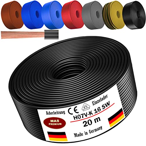 Von 5 bis 100m Aderleitung H07 V-K 16 mm² Schwarz, Braun, Dunkelblau, Grüngelb, Grau, Hellblau oder Rot Einzelader flexibel (Schwarz, 20m) von MAS Premium