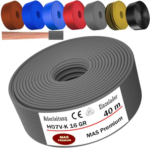 MAS Premium Von 5 bis 100m Aderleitung H07 V-K 16 mm² Schwarz, Braun, Dunkelblau, Grüngelb, Grau, Hellblau oder Rot Einzelader flexibel (Grau, 40m) von MAS Premium