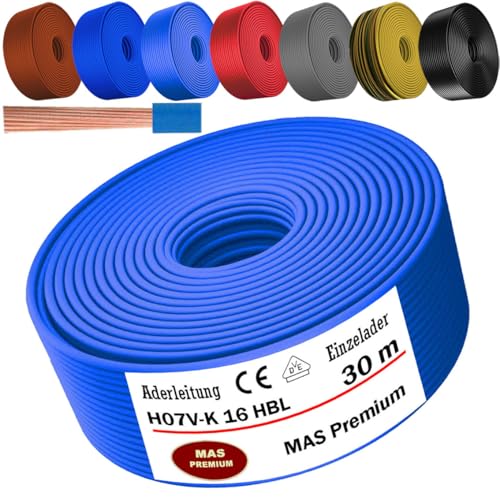 MAS Premium Von 5 bis 100m Aderleitung H07 V-K 16 mm² Schwarz, Braun, Dunkelblau, Grüngelb, Grau, Hellblau oder Rot Einzelader flexibel (Hellblau, 30m) von MAS Premium