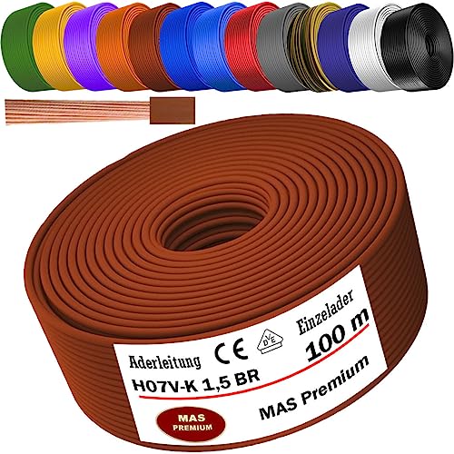 Von 5 bis 100m Aderleitung H07 V-K 1x1,5 mm² Schwarz, Hellblau, Grün/Gelb, Grün, Rot, Dunkelblau, Braun, Orange, Grau, Weiß, Violett, Ultramarinblau oder Gelb Einzelader flexibel (Braun, 100m) von MAS Premium