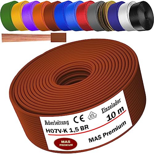 Von 5 bis 100m Aderleitung H07 V-K 1x1,5 mm² Schwarz, Hellblau, Grün/Gelb, Grün, Rot, Dunkelblau, Braun, Orange, Grau, Weiß, Violett, Ultramarinblau oder Gelb Einzelader flexibel (Braun, 10m) von MAS Premium