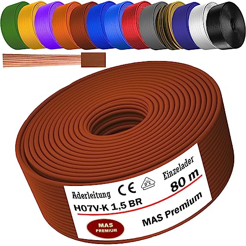 Von 5 bis 100m Aderleitung H07 V-K 1x1,5 mm² Schwarz, Hellblau, Grün/Gelb, Grün, Rot, Dunkelblau, Braun, Orange, Grau, Weiß, Violett, Ultramarinblau oder Gelb Einzelader flexibel (Braun, 80m) von MAS Premium