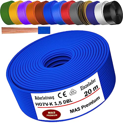 Von 5 bis 100m Aderleitung H07 V-K 1x1,5 mm² Schwarz, Hellblau, Grün/Gelb, Grün, Rot, Dunkelblau, Braun, Orange, Grau, Weiß, Violett, Ultramarinblau oder Gelb Einzelader flexibel (Dunkelblau, 20m) von MAS Premium