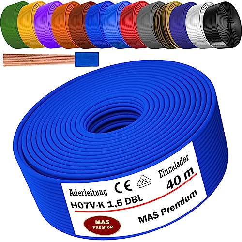 Von 5 bis 100m Aderleitung H07 V-K 1x1,5 mm² Schwarz, Hellblau, Grün/Gelb, Grün, Rot, Dunkelblau, Braun, Orange, Grau, Weiß, Violett, Ultramarinblau oder Gelb Einzelader flexibel (Dunkelblau, 40m) von MAS Premium