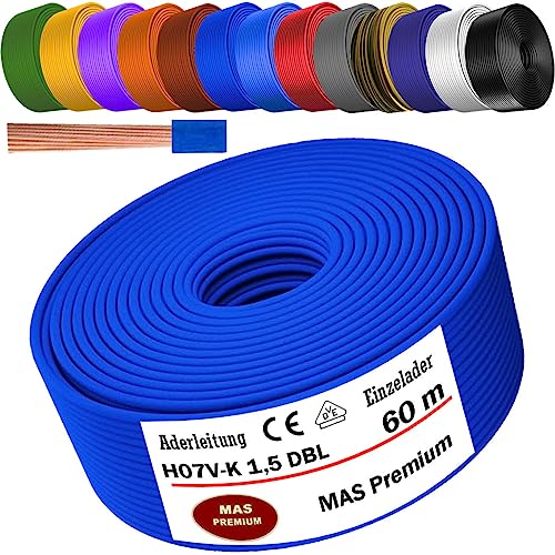 Von 5 bis 100m Aderleitung H07 V-K 1x1,5 mm² Schwarz, Hellblau, Grün/Gelb, Grün, Rot, Dunkelblau, Braun, Orange, Grau, Weiß, Violett, Ultramarinblau oder Gelb Einzelader flexibel (Dunkelblau, 60m) von MAS Premium