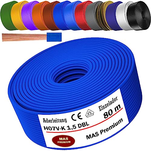 Von 5 bis 100m Aderleitung H07 V-K 1x1,5 mm² Schwarz, Hellblau, Grün/Gelb, Grün, Rot, Dunkelblau, Braun, Orange, Grau, Weiß, Violett, Ultramarinblau oder Gelb Einzelader flexibel (Dunkelblau, 80m) von MAS Premium