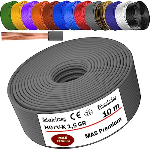 Von 5 bis 100m Aderleitung H07 V-K 1x1,5 mm² Schwarz, Hellblau, Grün/Gelb, Grün, Rot, Dunkelblau, Braun, Orange, Grau, Weiß, Violett, Ultramarinblau oder Gelb Einzelader flexibel (Grau, 10m) von MAS Premium