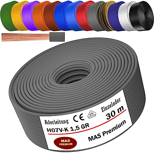 Von 5 bis 100m Aderleitung H07 V-K 1x1,5 mm² Schwarz, Hellblau, Grün/Gelb, Grün, Rot, Dunkelblau, Braun, Orange, Grau, Weiß, Violett, Ultramarinblau oder Gelb Einzelader flexibel (Grau, 30m) von MAS Premium