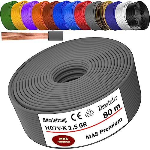 Von 5 bis 100m Aderleitung H07 V-K 1x1,5 mm² Schwarz, Hellblau, Grün/Gelb, Grün, Rot, Dunkelblau, Braun, Orange, Grau, Weiß, Violett, Ultramarinblau oder Gelb Einzelader flexibel (Grau, 80m) von MAS Premium