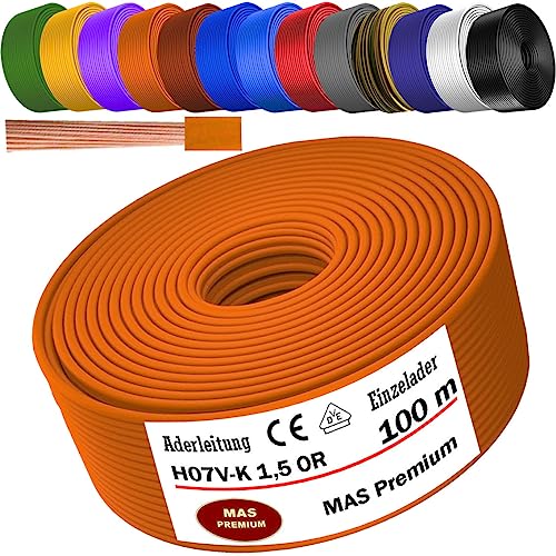 Von 5 bis 100m Aderleitung H07 V-K 1x1,5 mm² Schwarz, Hellblau, Grün/Gelb, Grün, Rot, Dunkelblau, Braun, Orange, Grau, Weiß, Violett, Ultramarinblau oder Gelb Einzelader flexibel (Orange, 100m) von MAS Premium