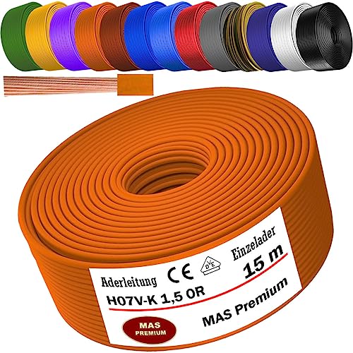 Von 5 bis 100m Aderleitung H07 V-K 1x1,5 mm² Schwarz, Hellblau, Grün/Gelb, Grün, Rot, Dunkelblau, Braun, Orange, Grau, Weiß, Violett, Ultramarinblau oder Gelb Einzelader flexibel (Orange, 15m) von MAS Premium