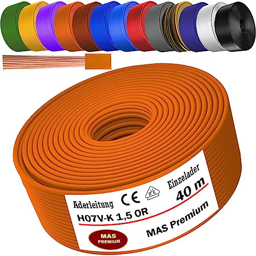 Von 5 bis 100m Aderleitung H07 V-K 1x1,5 mm² Schwarz, Hellblau, Grün/Gelb, Grün, Rot, Dunkelblau, Braun, Orange, Grau, Weiß, Violett, Ultramarinblau oder Gelb Einzelader flexibel (Orange, 40m) von MAS Premium