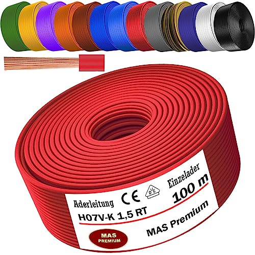 Von 5 bis 100m Aderleitung H07 V-K 1x1,5 mm² Schwarz, Hellblau, Grün/Gelb, Grün, Rot, Dunkelblau, Braun, Orange, Grau, Weiß, Violett, Ultramarinblau oder Gelb Einzelader flexibel (Rot, 100m) von MAS Premium