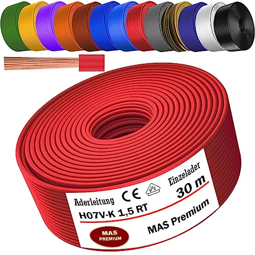 Von 5 bis 100m Aderleitung H07 V-K 1x1,5 mm² Schwarz, Hellblau, Grün/Gelb, Grün, Rot, Dunkelblau, Braun, Orange, Grau, Weiß, Violett, Ultramarinblau oder Gelb Einzelader flexibel (Rot, 30m) von MAS Premium