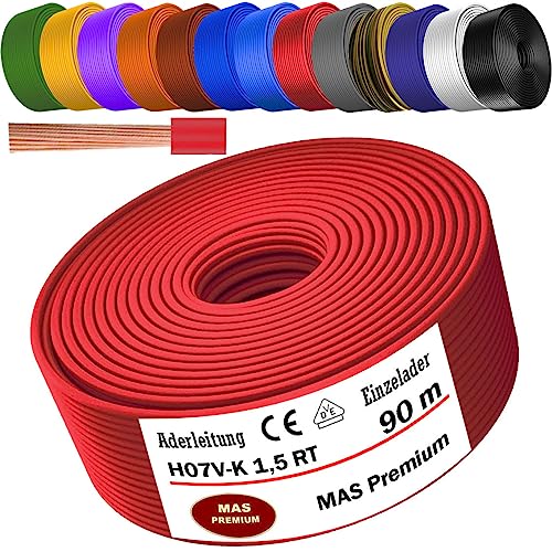 Von 5 bis 100m Aderleitung H07 V-K 1x1,5 mm² Schwarz, Hellblau, Grün/Gelb, Grün, Rot, Dunkelblau, Braun, Orange, Grau, Weiß, Violett, Ultramarinblau oder Gelb Einzelader flexibel (Rot, 90m) von MAS Premium