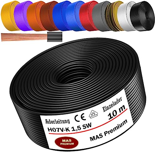 Von 5 bis 100m Aderleitung H07 V-K 1x1,5 mm² Schwarz, Hellblau, Grün/Gelb, Grün, Rot, Dunkelblau, Braun, Orange, Grau, Weiß, Violett, Ultramarinblau oder Gelb Einzelader flexibel (Schwarz, 10m) von MAS Premium