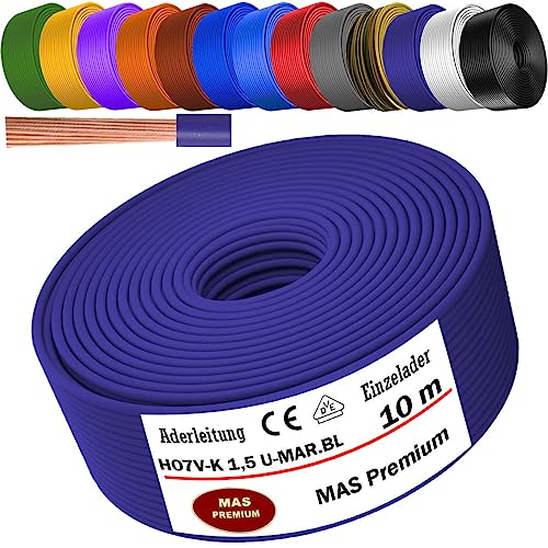 Von 5 bis 100m Aderleitung H07 V-K 1x1,5 mm² Schwarz, Hellblau, Grün/Gelb, Grün, Rot, Dunkelblau, Braun, Orange, Grau, Weiß, Violett, Ultramarinblau oder Gelb Einzelader flexibel (Ultramarinblau, 10m) von MAS Premium